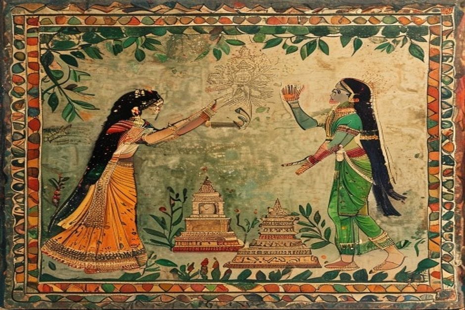 Ahilya Asthan, Kamtaul — AI-generated illustration in the Mithila (Madhubani) style