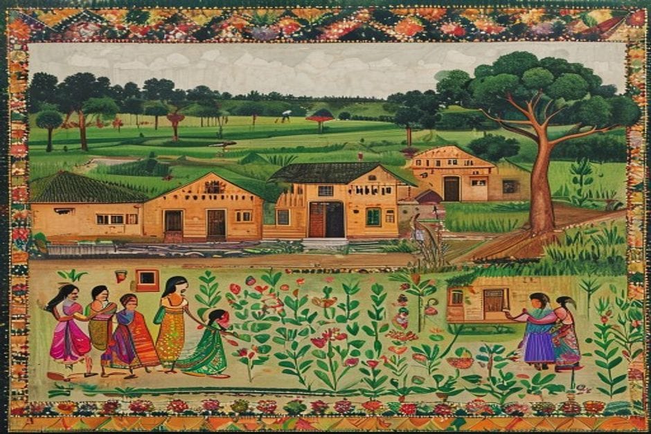Ahiyari — AI-generated illustration in the Mithila (Madhubani) style