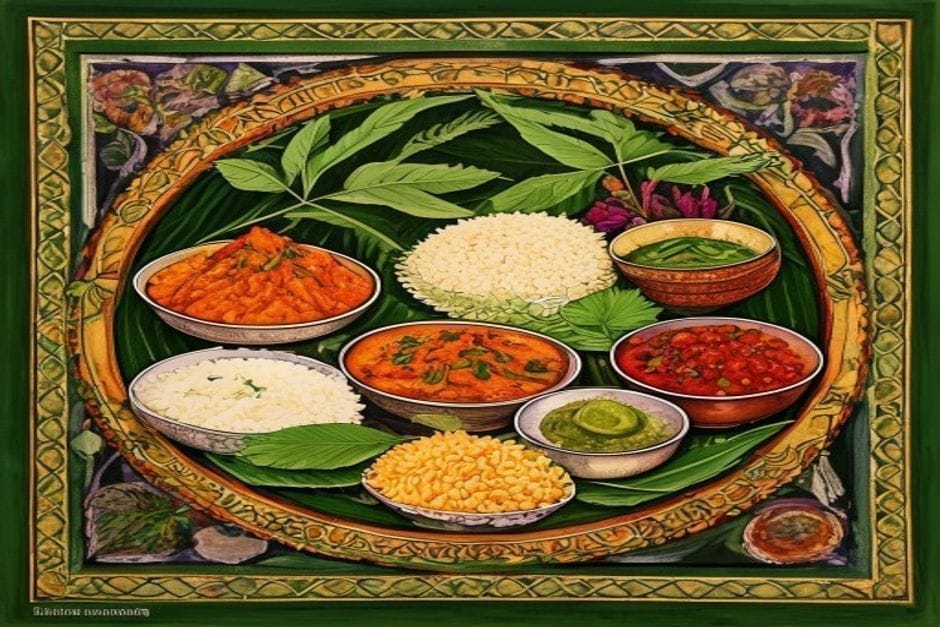 Aloo Bhujia — AI-generated illustration in the Mithila (Madhubani) style