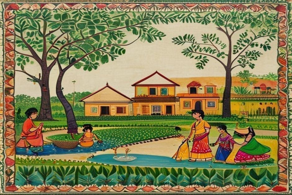 Andhra Tharhi — AI-generated illustration in the Mithila (Madhubani) style