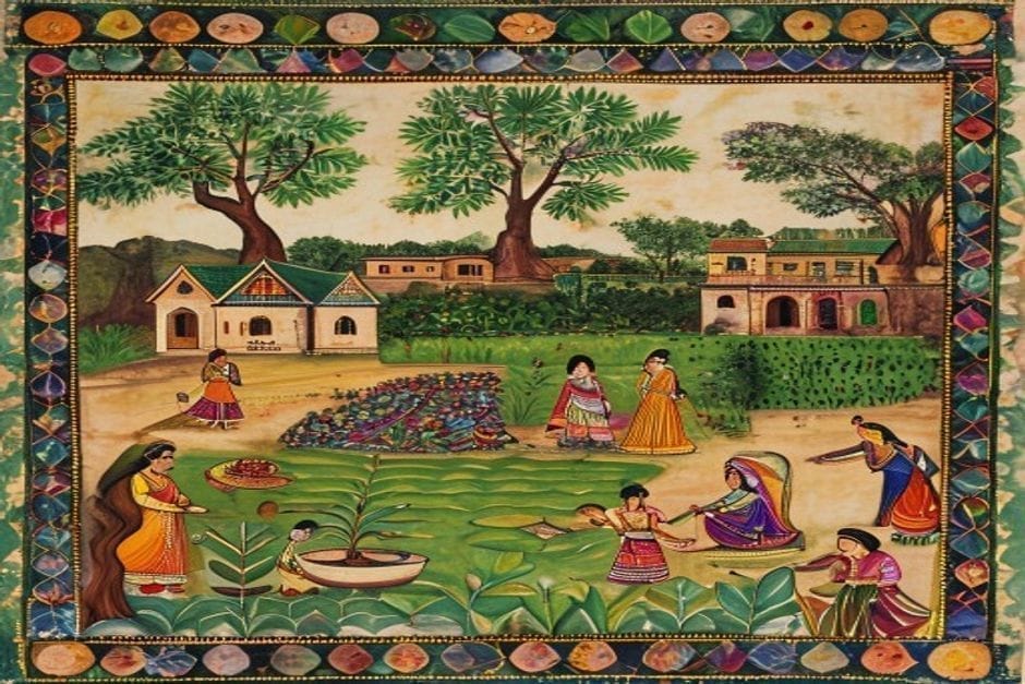Bahadurpur — AI-generated illustration in the Mithila (Madhubani) style