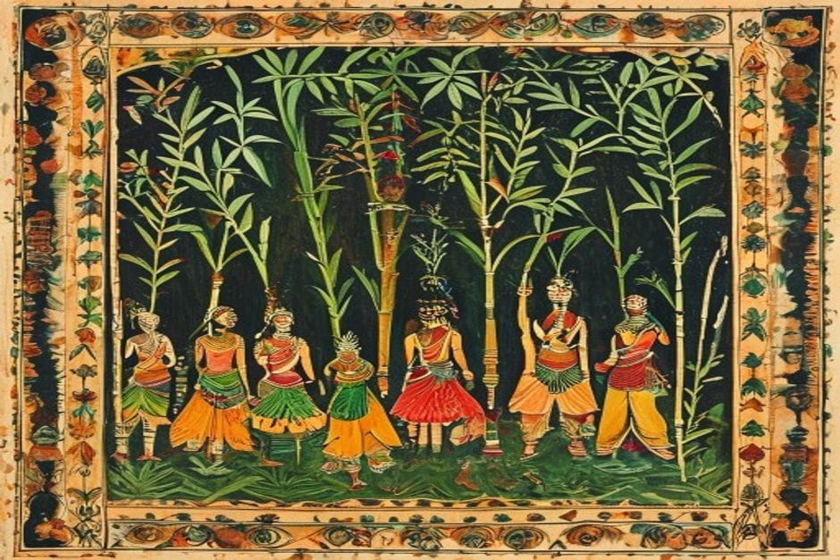 Bamboo Craft — Daura, Soop & Changera — AI-generated illustration in the Mithila (Madhubani) style