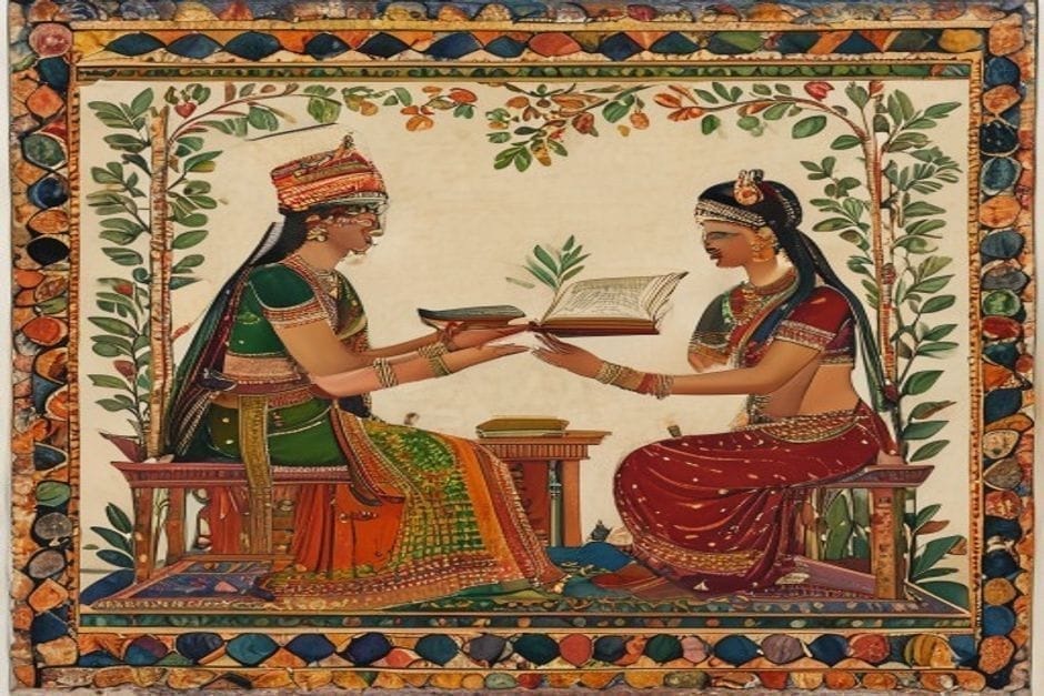 Bharati (Ubhaya Bharati) — AI-generated illustration in the Mithila (Madhubani) style