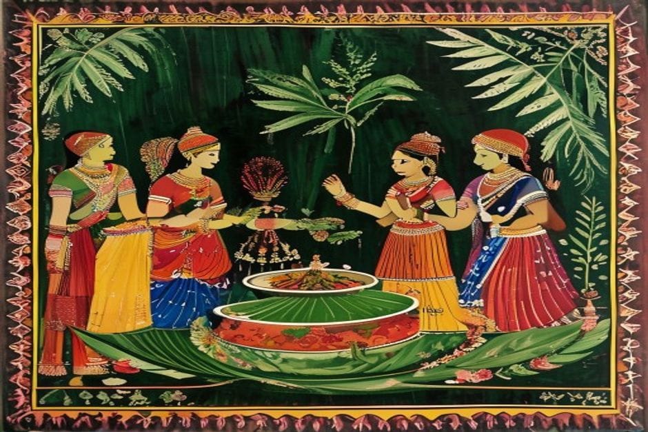 Biriya ke Tarkari — AI-generated illustration in the Mithila (Madhubani) style
