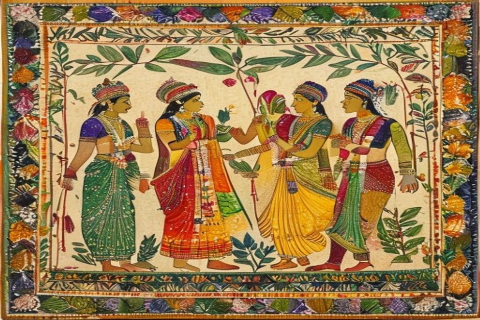 The Darbhanga Raj (Khandavala Dynasty) — AI-generated illustration in the Mithila (Madhubani) style