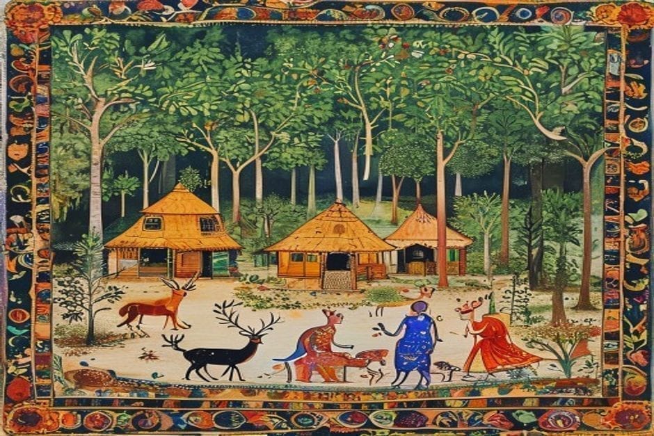 Gautam Asthan — AI-generated illustration in the Mithila (Madhubani) style
