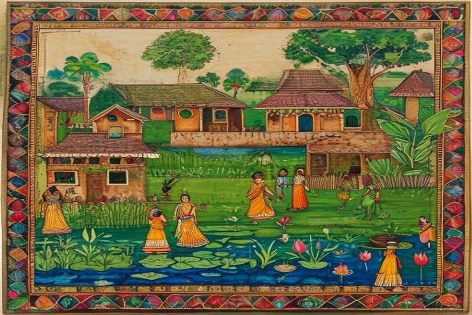 Gehuma Bairiya — AI-generated illustration in the Mithila (Madhubani) style
