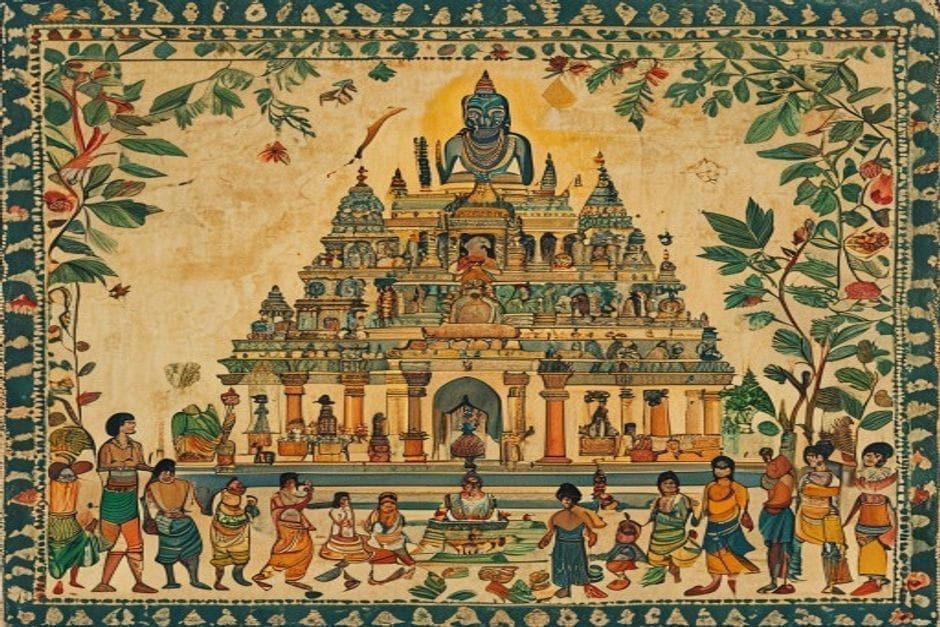 Haleshwar Sthan — AI-generated illustration in the Mithila (Madhubani) style