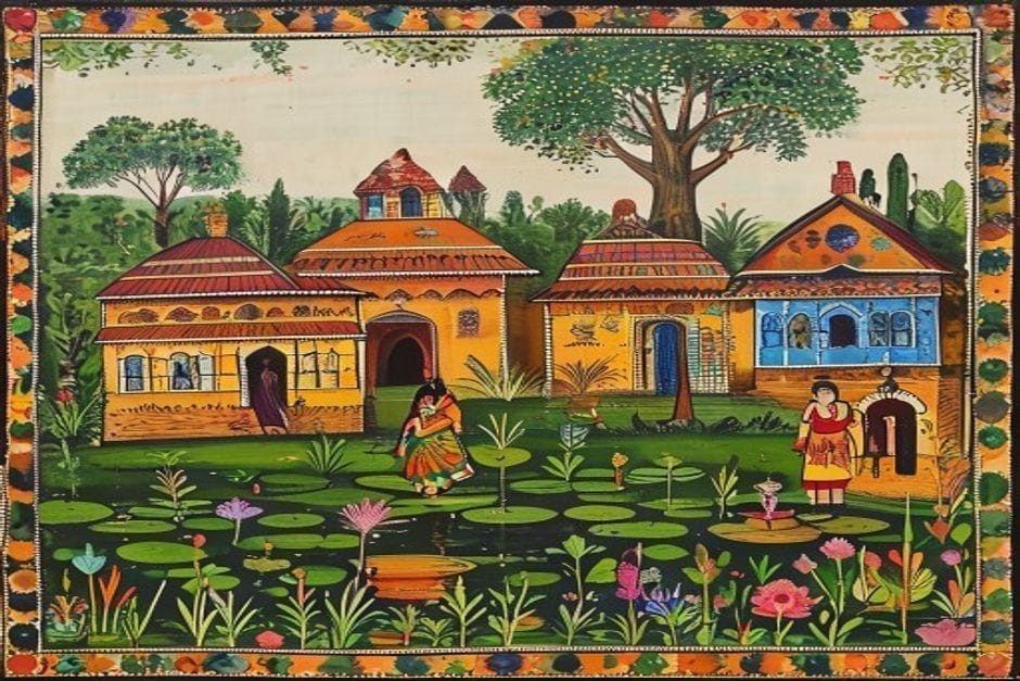 Hayaghat — AI-generated illustration in the Mithila (Madhubani) style