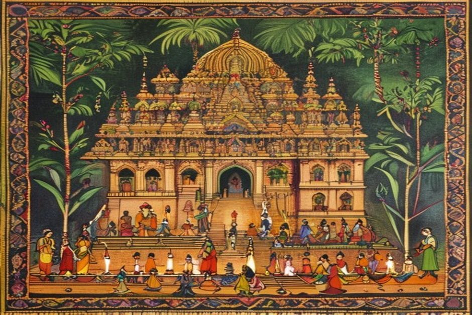 Jaleshwar Mahadev Temple — AI-generated illustration in the Mithila (Madhubani) style