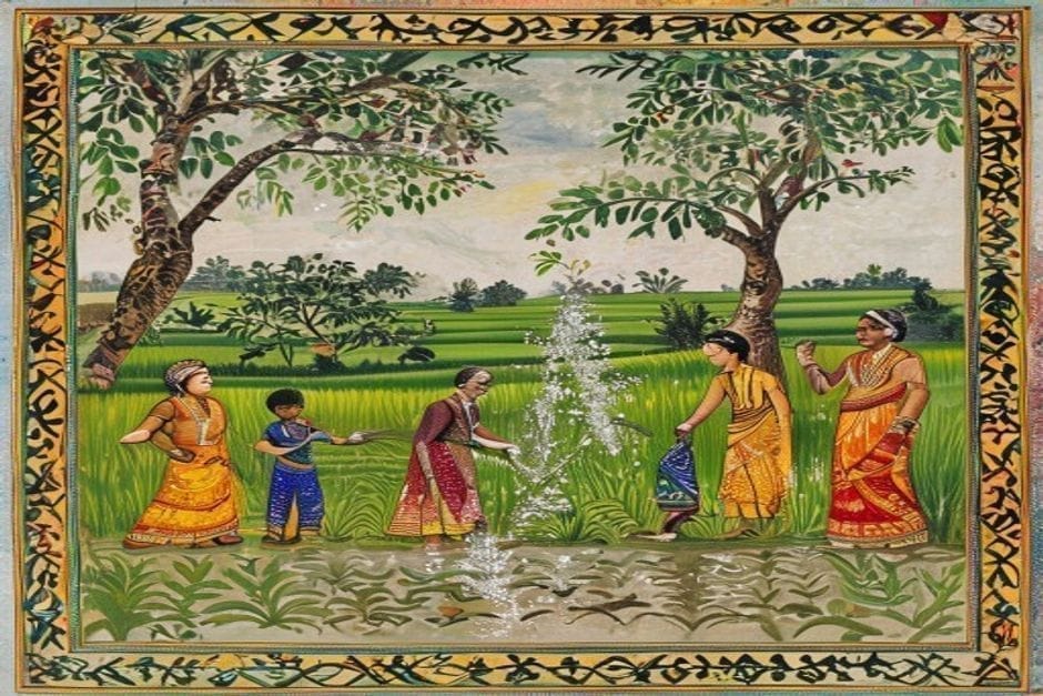 Jur Sital — AI-generated illustration in the Mithila (Madhubani) style