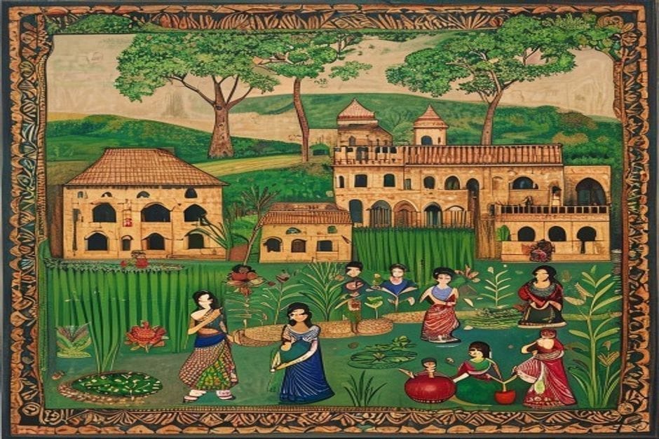 Kamtaul — AI-generated illustration in the Mithila (Madhubani) style