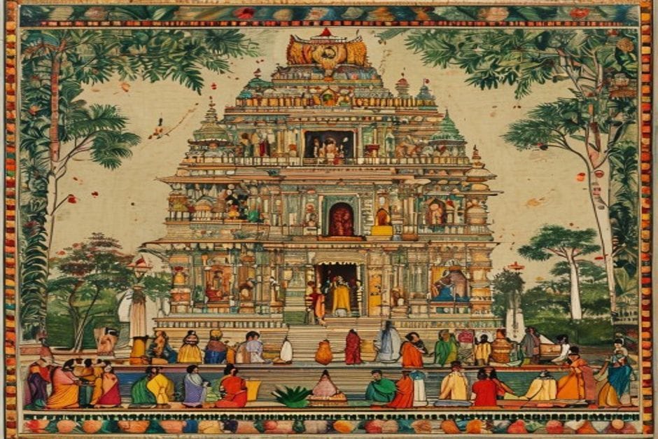 Kandaha Surya Mandir — AI-generated illustration in the Mithila (Madhubani) style