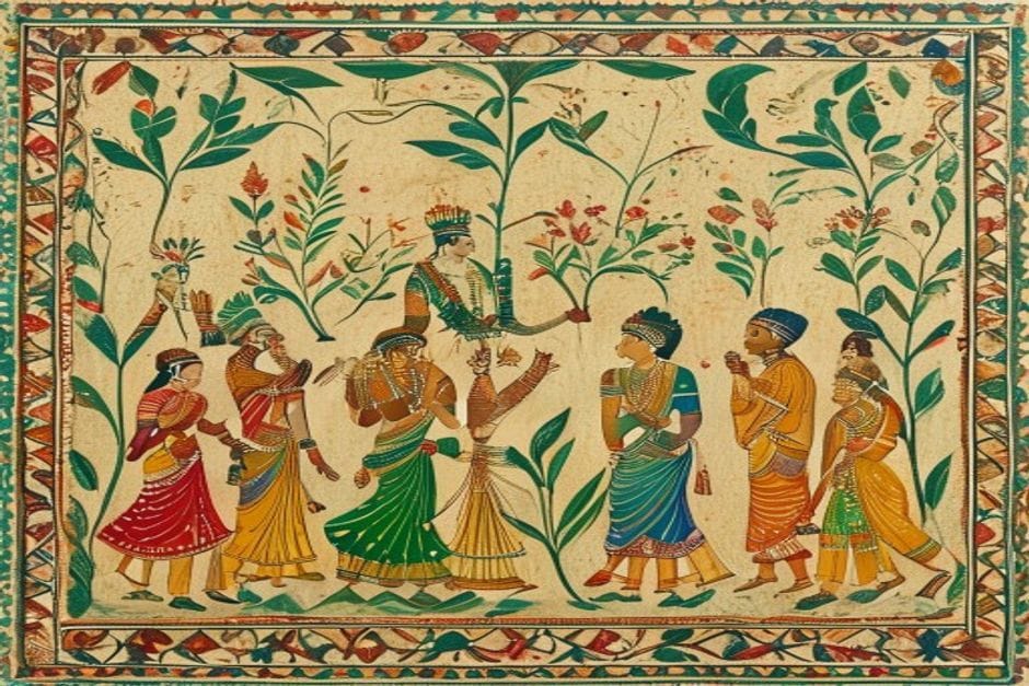 The Karnat Dynasty of Mithila — AI-generated illustration in the Mithila (Madhubani) style