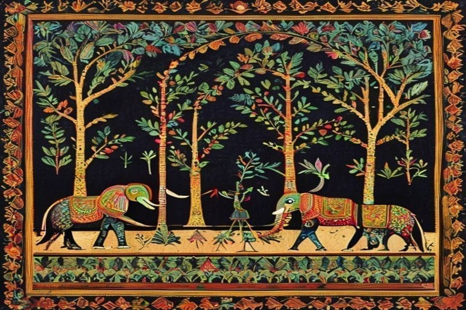 Khatwa Appliqué — AI-generated illustration in the Mithila (Madhubani) style