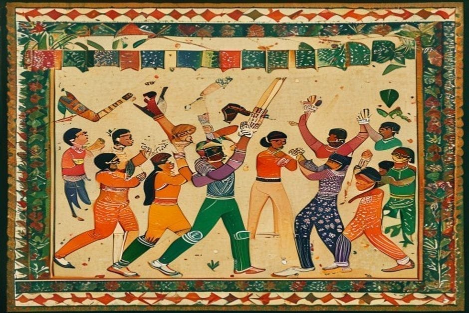 Kirti Azad — AI-generated illustration in the Mithila (Madhubani) style