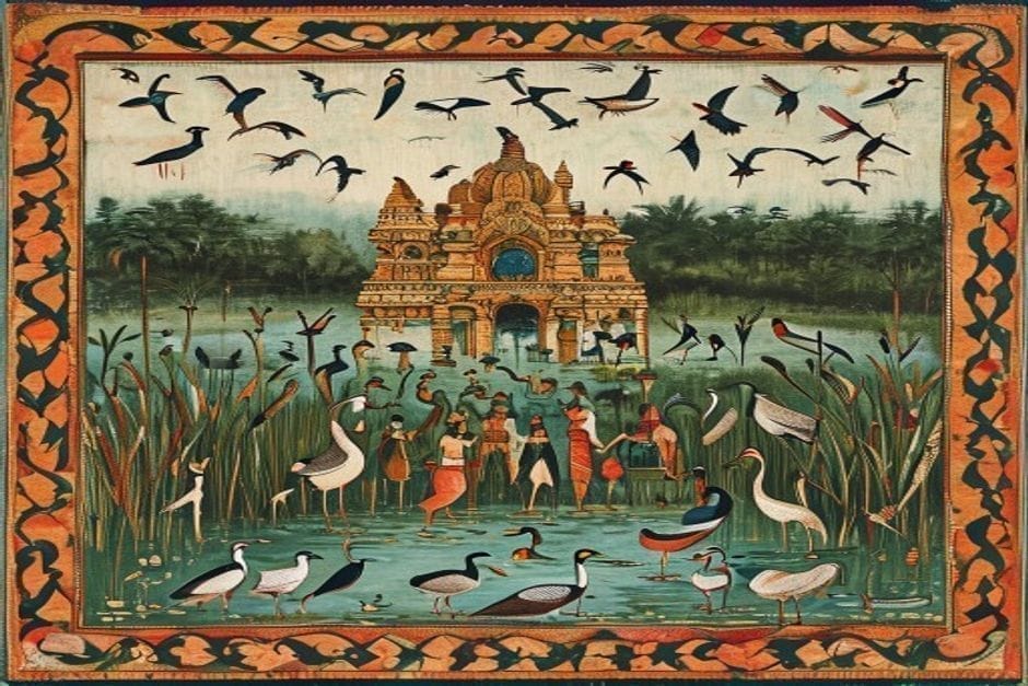 Kusheshwar Asthan — AI-generated illustration in the Mithila (Madhubani) style