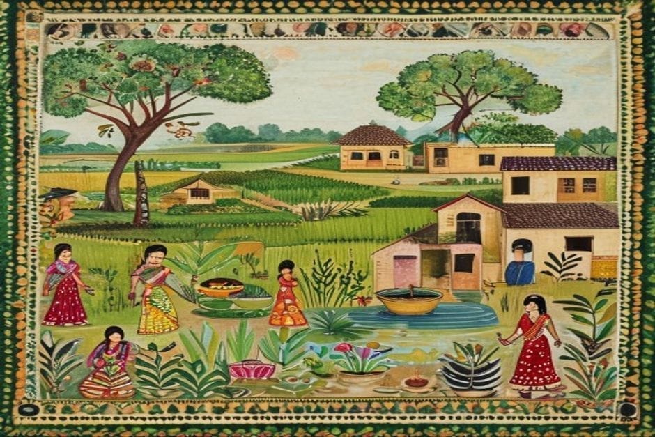 Madhepur — AI-generated illustration in the Mithila (Madhubani) style