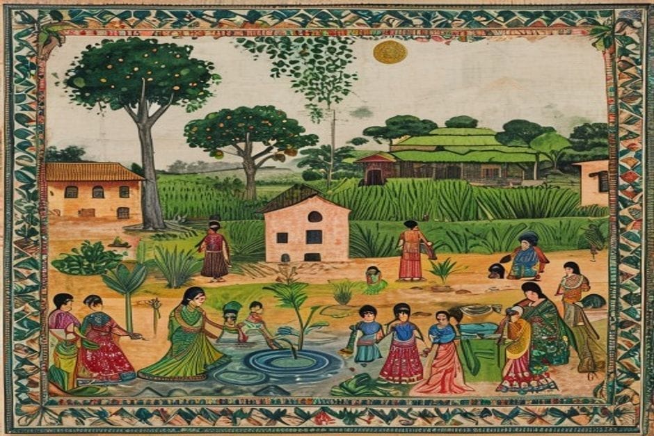 Madhwapur — AI-generated illustration in the Mithila (Madhubani) style