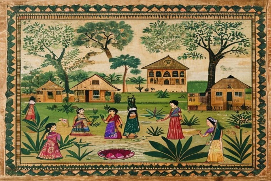 Mangrauni — AI-generated illustration in the Mithila (Madhubani) style