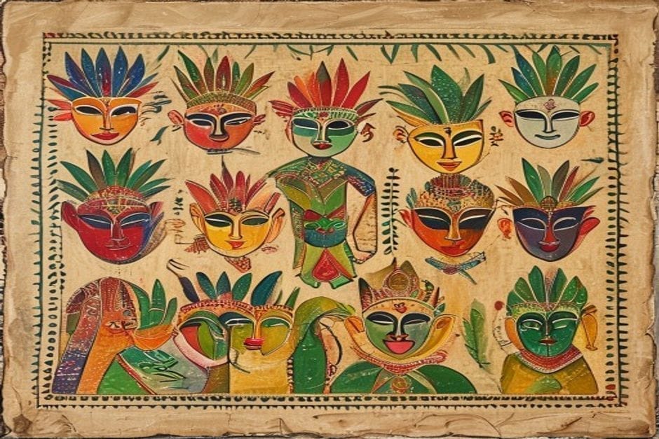 Mithila Masks — AI-generated illustration in the Mithila (Madhubani) style