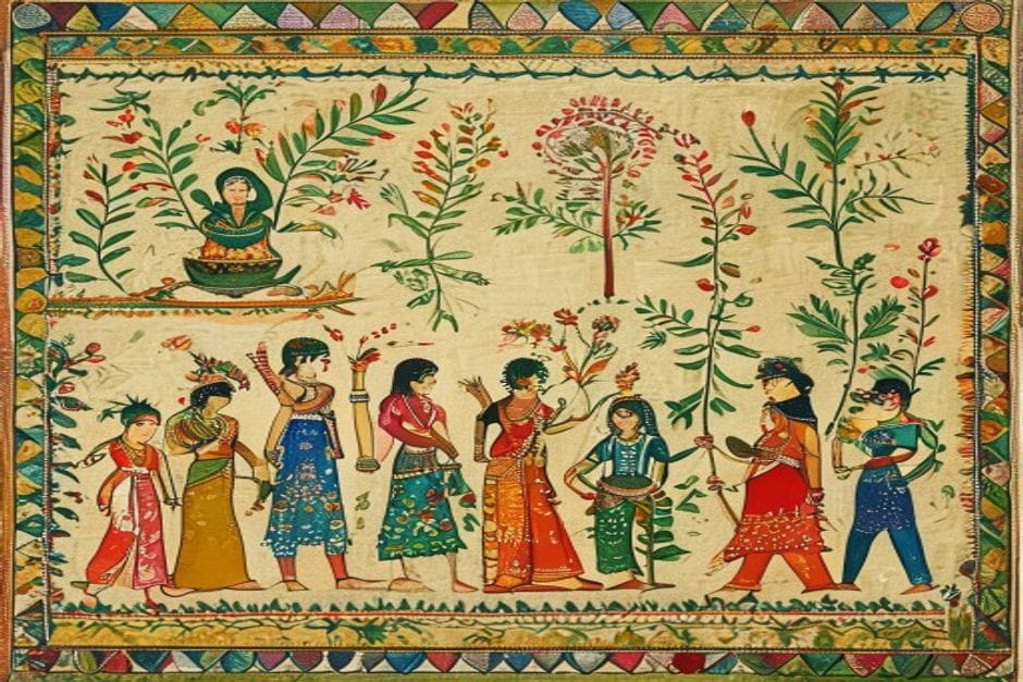 The Making of Modern Mithila and the Statehood Movement — AI-generated illustration in the Mithila (Madhubani) style