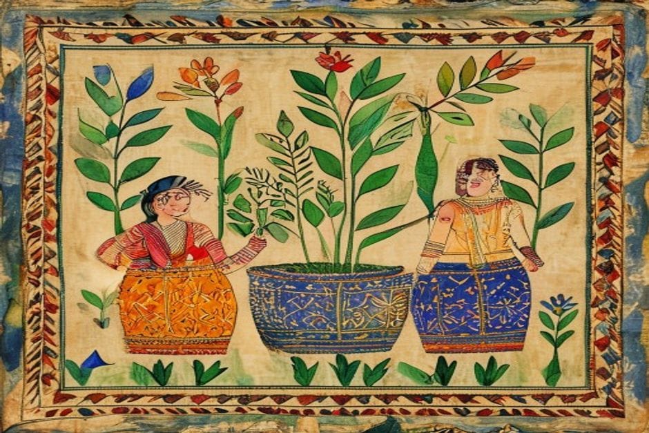 Moonj-Grass Coiled Basketry — AI-generated illustration in the Mithila (Madhubani) style