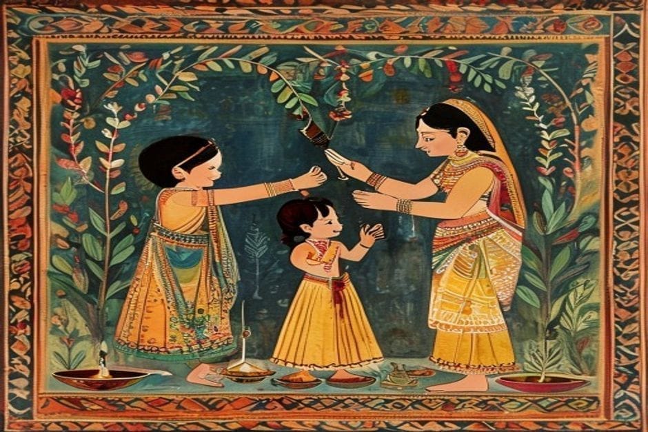 Mundan — the first haircut — AI-generated illustration in the Mithila (Madhubani) style