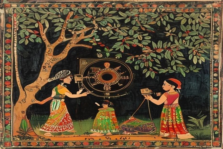 Nitin Chandra — AI-generated illustration in the Mithila (Madhubani) style