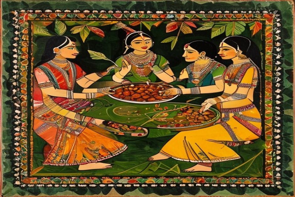 Oal (Suran) ke Tarkari — AI-generated illustration in the Mithila (Madhubani) style