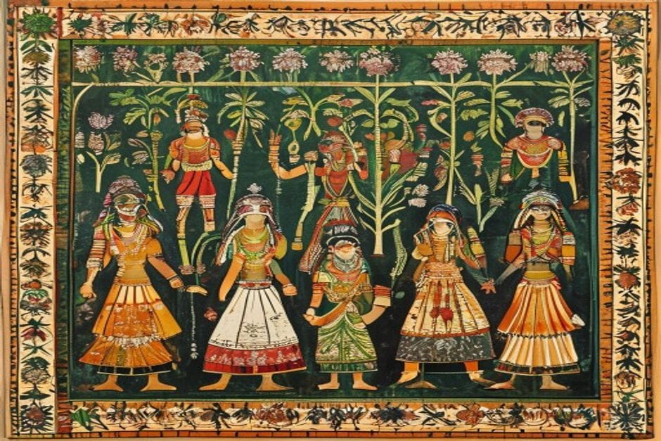 The Oiniwar (Sugauna) Dynasty — AI-generated illustration in the Mithila (Madhubani) style