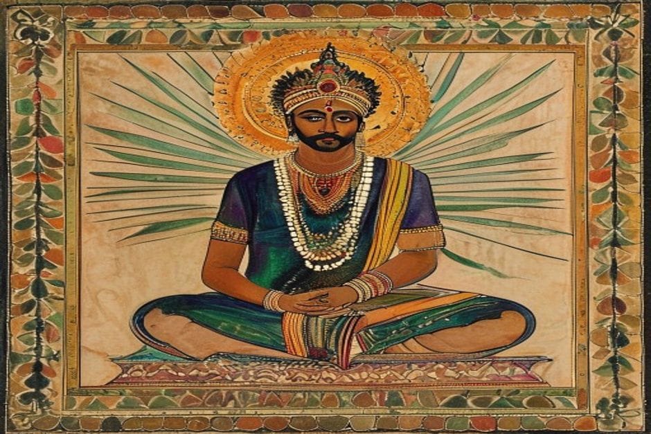Pakshadhara Mishra — AI-generated illustration in the Mithila (Madhubani) style