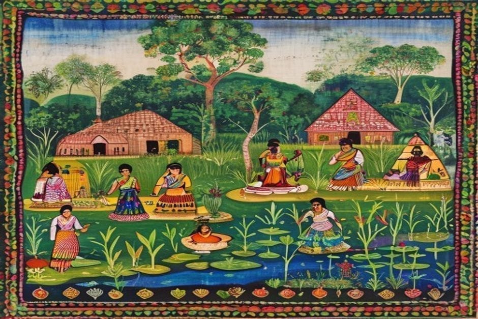 Pandaul — AI-generated illustration in the Mithila (Madhubani) style