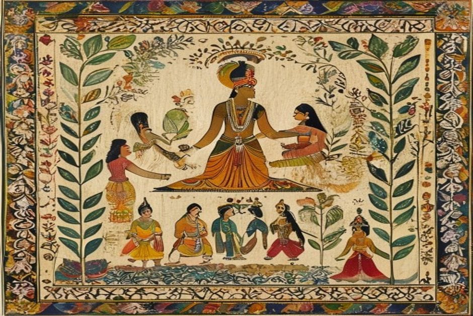 The Panji Prabandh — Mithila's Genealogical Archive — AI-generated illustration in the Mithila (Madhubani) style