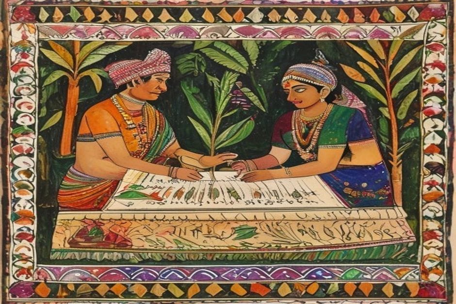The Panji genealogies — AI-generated illustration in the Mithila (Madhubani) style
