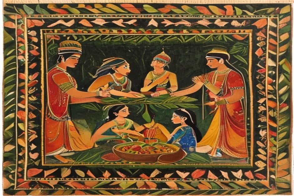 Pidukiya — AI-generated illustration in the Mithila (Madhubani) style