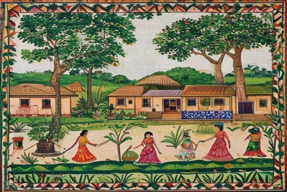 Rajnagar — AI-generated illustration in the Mithila (Madhubani) style