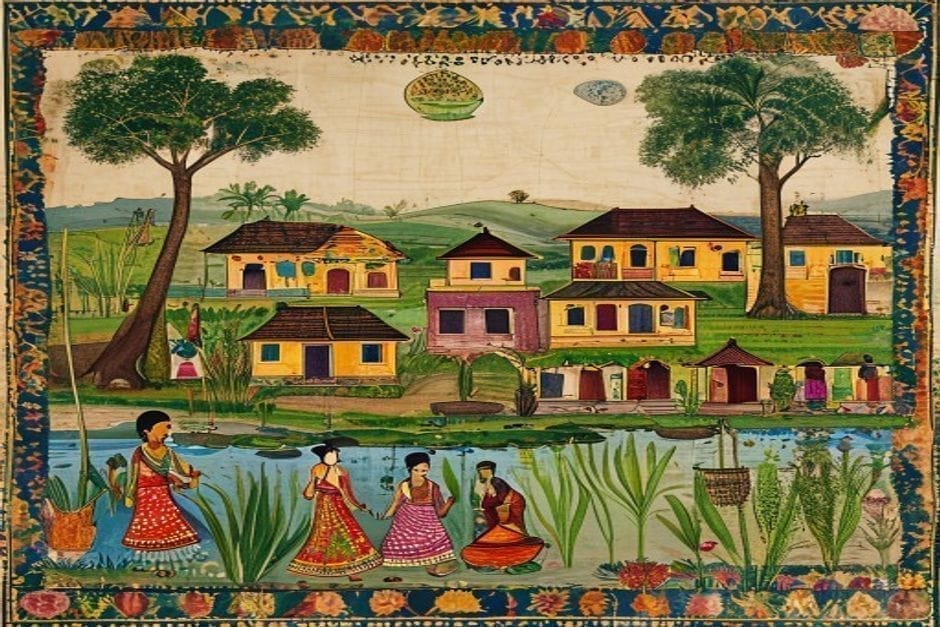 Rasidpur — AI-generated illustration in the Mithila (Madhubani) style