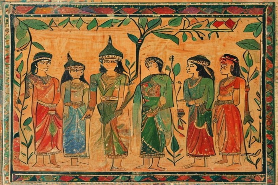 Sama-Chakeva Clay Figurines — AI-generated illustration in the Mithila (Madhubani) style