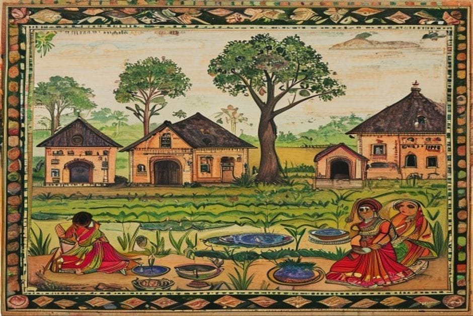 Sarisab-Pahi — AI-generated illustration in the Mithila (Madhubani) style