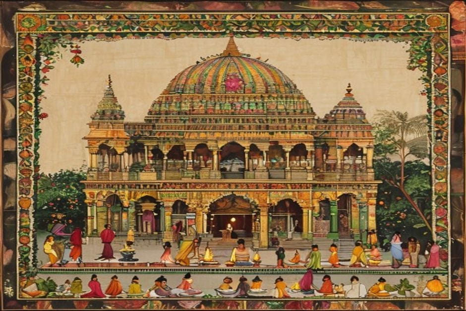 Saurath Sabha Gachhi — AI-generated illustration in the Mithila (Madhubani) style