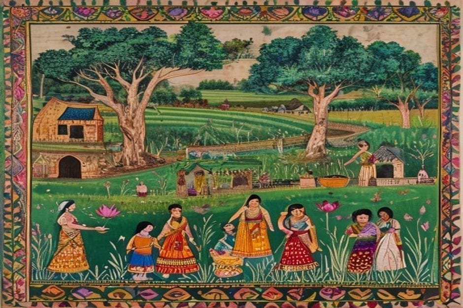 Saurath — AI-generated illustration in the Mithila (Madhubani) style