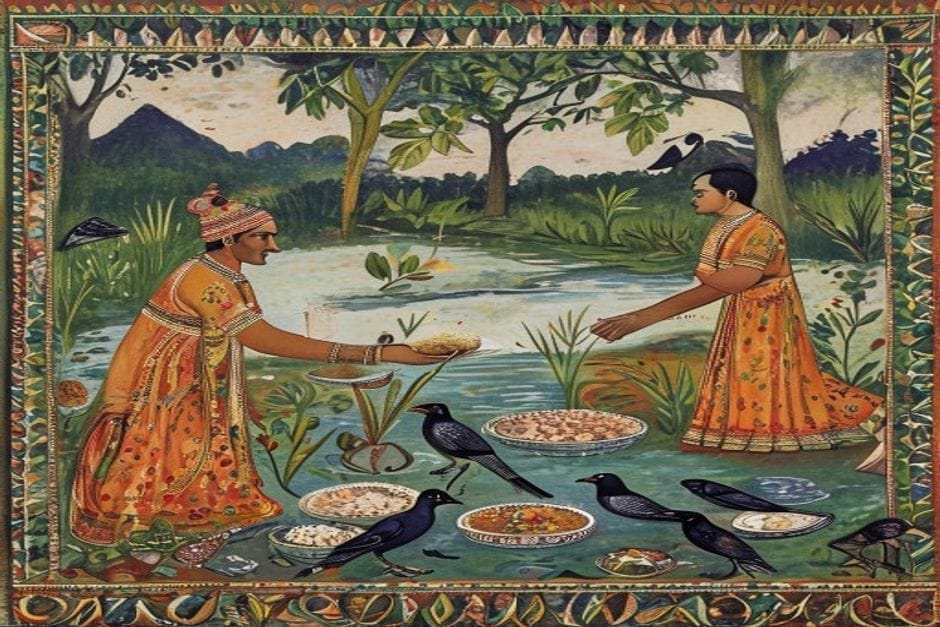 Antyeshti & Shraddha — the last rites — AI-generated illustration in the Mithila (Madhubani) style