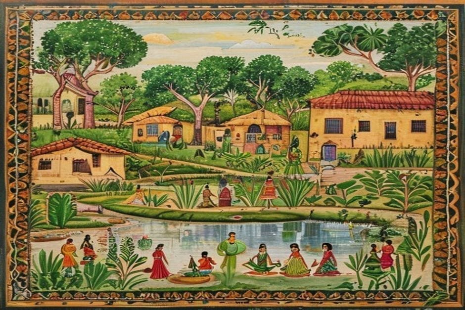 Simaria — AI-generated illustration in the Mithila (Madhubani) style