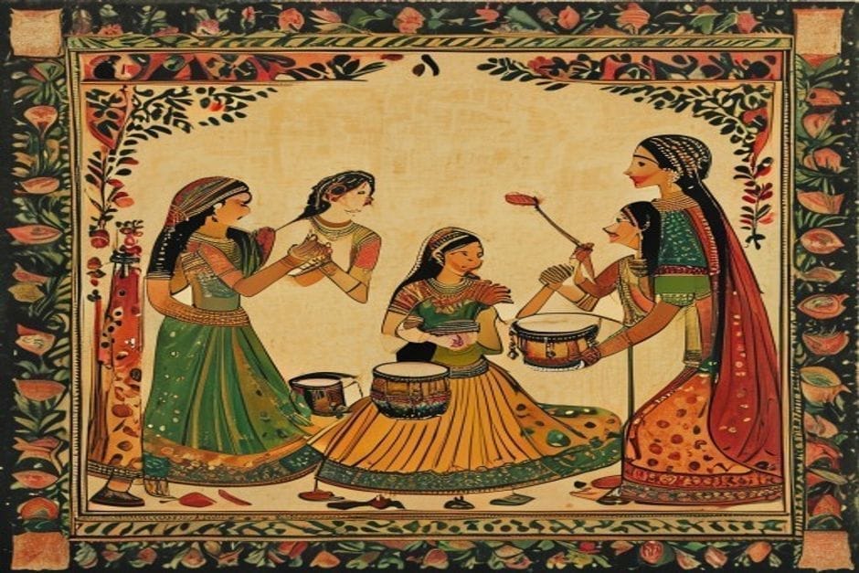 Sohar & Chhathi — welcoming a child — AI-generated illustration in the Mithila (Madhubani) style