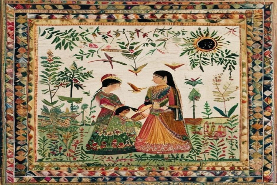 Sujani Embroidery — AI-generated illustration in the Mithila (Madhubani) style