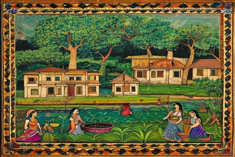 Tarauni — AI-generated illustration in the Mithila (Madhubani) style