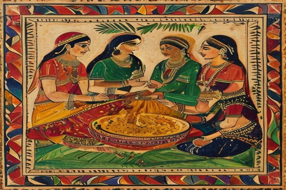 Tisi ke Chutney — AI-generated illustration in the Mithila (Madhubani) style