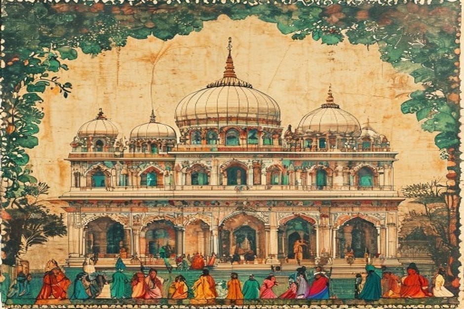 Janaki Mandir at Janakpur — illustration in the Mithila style