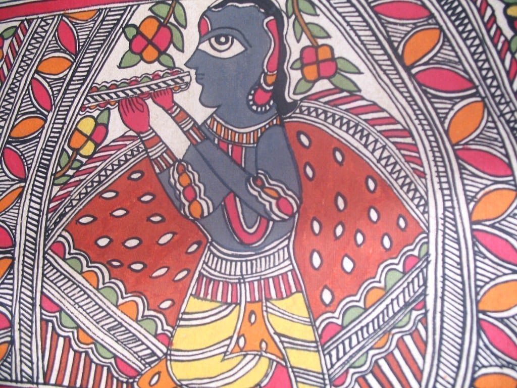 A Madhubani painting in the Bharni tradition of Jagdamba Devi